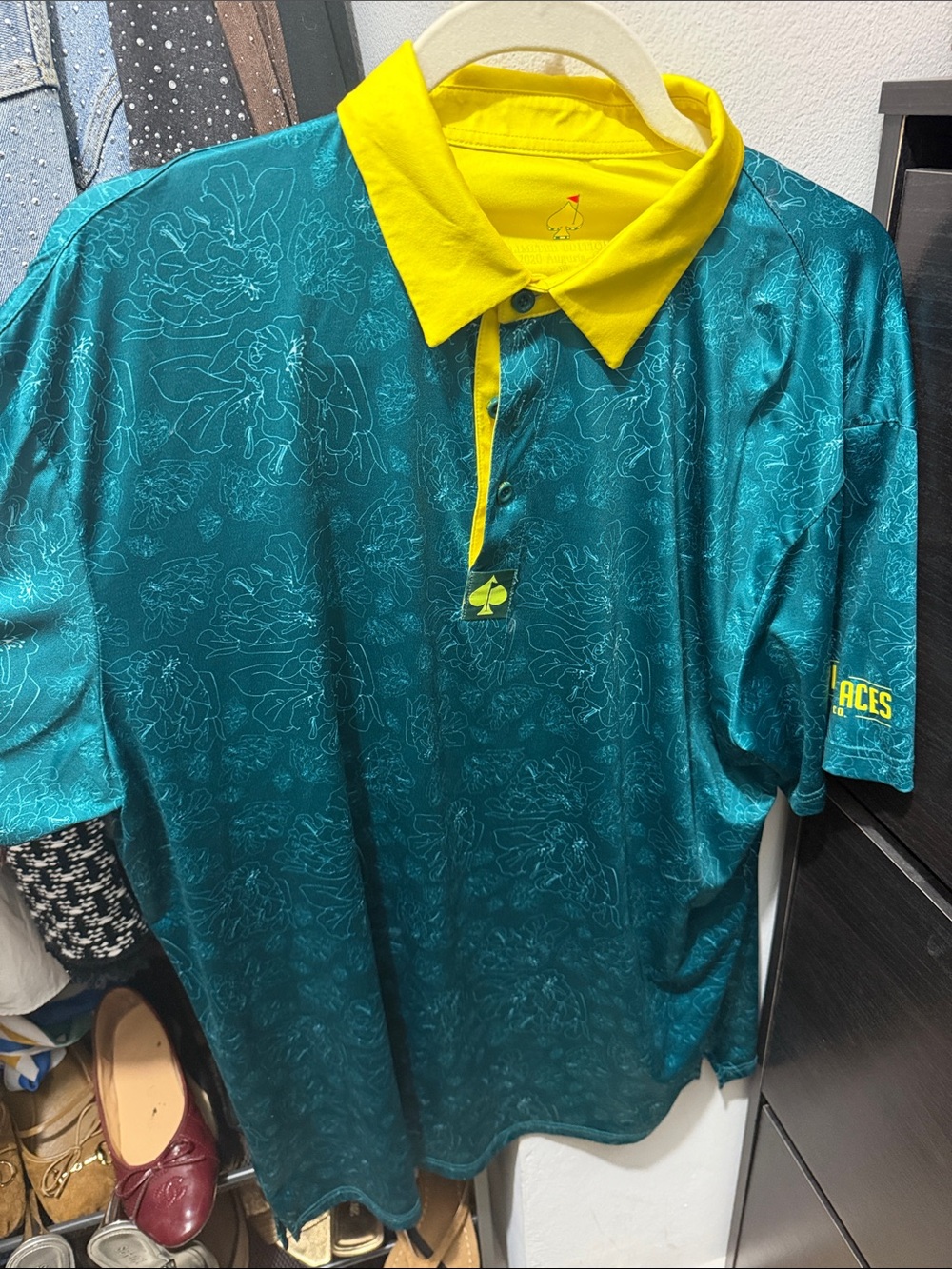 Men's Teal Floral Polo with Yellow Contrast Collar - ACES